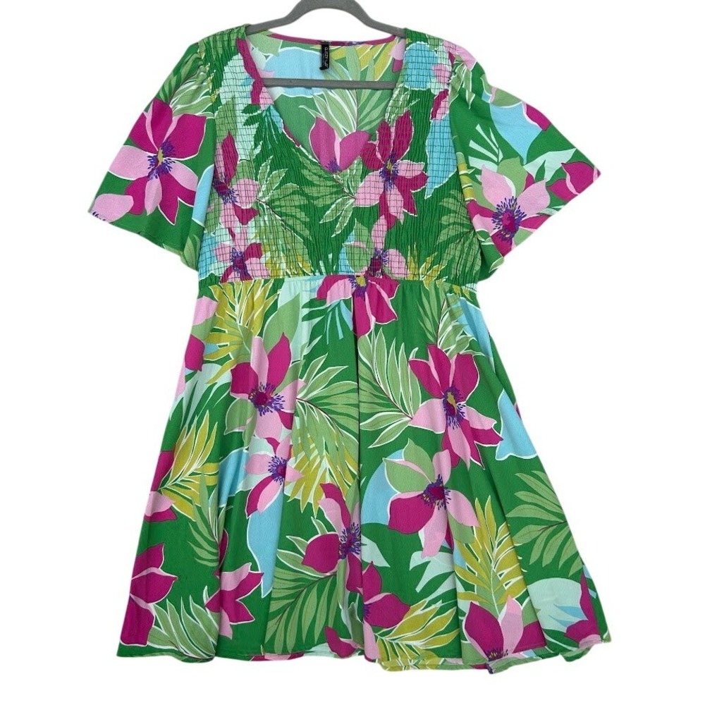 Glitzy Girlz Tropical Floral Smocked Flutter Sleeve Mini‎ Dress Green Pink 3XL